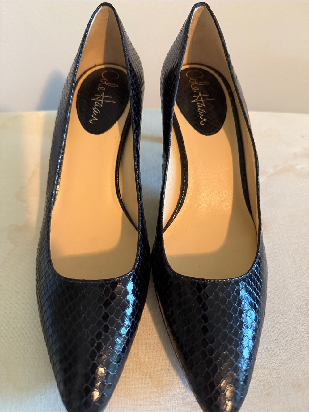 Cole Haan Black Faux-Snake Pointed Toe Pumps